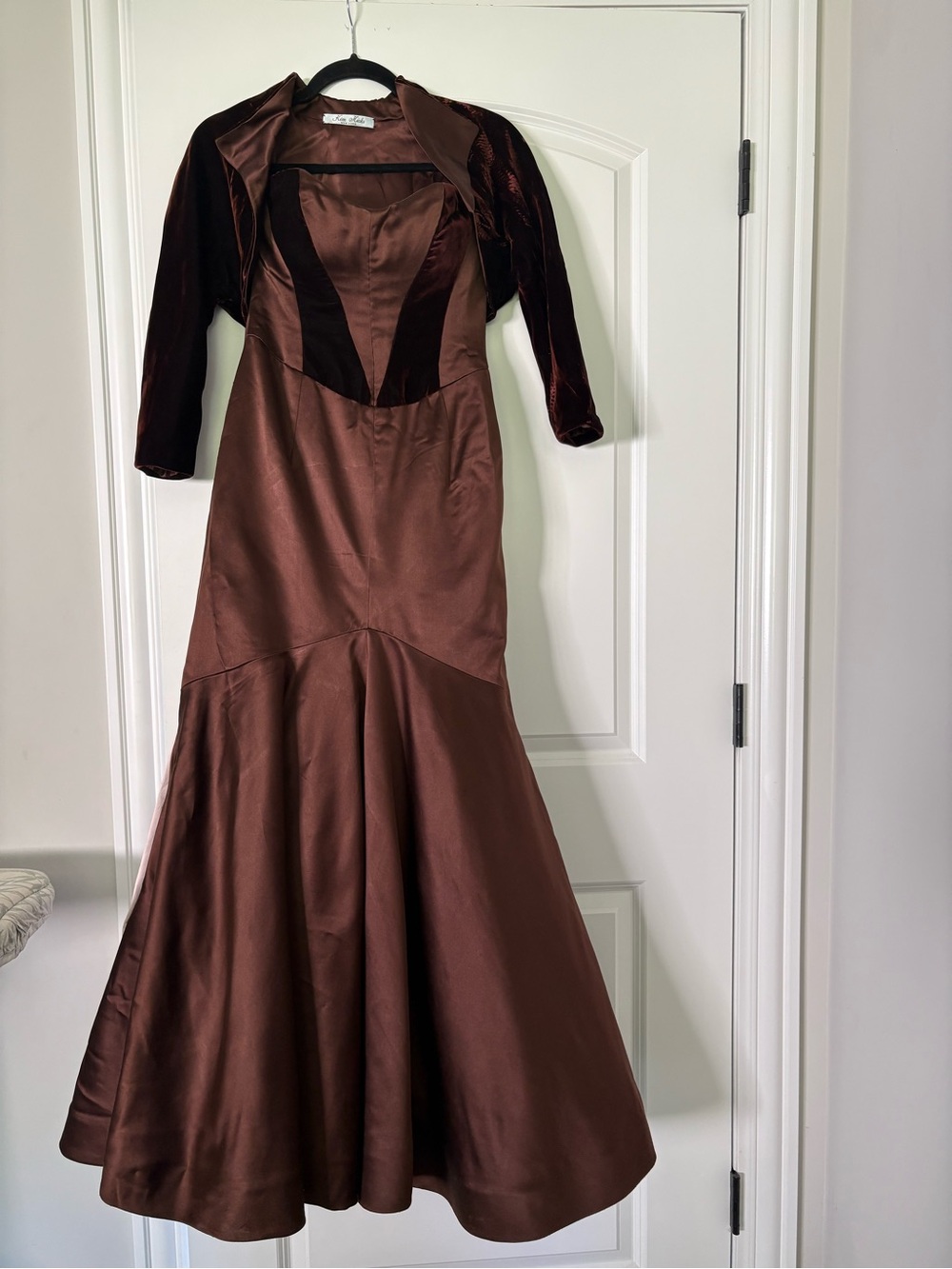 Elegant Brown Satin Evening Gown with Matching Bolero